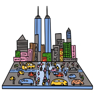 A large mirror sculpture stands in the foreground, its shiny surface perfectly reflecting the images of a bustling city. The city is filled with tall buildings, busy streets, and numerous pedestrians moving about. The iconic Twin Towers rise majestically in the background, their distinctive shapes prominent against the sky. The scene captures the vibrant atmosphere of urban life, with colorful vehicles and people engaging in various activities around the sculpture. The reflections in the mirror create a dynamic interplay between the art piece and the lively city scene.