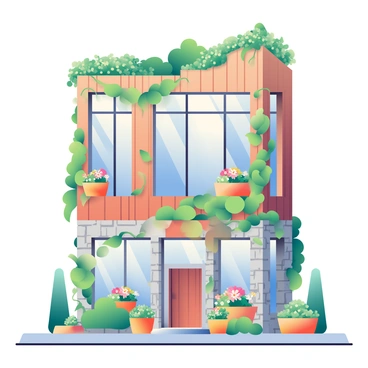 A modern building stands tall with a façade made of wood and stone, showcasing natural materials. Large glass windows reflect the surrounding greenery, allowing sunlight to filter inside. Climbing vines wrap around the exterior walls, and strategically placed planters filled with vibrant flowers and lush foliage enhance the structure. In the foreground, there is a pathway lined with small trees and shrubs, leading up to the entrance of the building which features a sleek wooden door. The roof is adorned with a green garden, adding a touch of nature to the design.