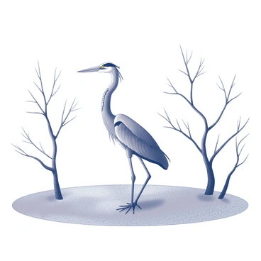 A blue heron standing gracefully on a frozen pond. The heron has long legs, a slender neck, and a pointed beak. Its wings are slightly extended as it balances on one leg. The pond is covered with a layer of frost, creating a textured surface. Surrounding the pond are several bare trees, their branches reaching upwards towards the sky, devoid of leaves. The scene conveys a sense of stillness and quiet, with the heron poised in a moment of patience.