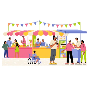 An open-air market filled with colorful stalls of varying heights. Each stall is laden with fresh fruits and vegetables, bright flowers, and handmade crafts. Some stalls are taller, while others are designed for easy access by children and people in wheelchairs. Shoppers of all ages are browsing the stalls, interacting with friendly vendors who are showcasing their products. The ground is paved with cobblestones, and there are vibrant banners strung above the stalls, fluttering gently in the breeze.