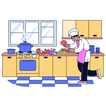A cozy kitchen with wooden cabinets and a checkered floor. There is a stove with a pot on it, releasing steam. A chef wearing a white hat and apron is chopping vegetables on a wooden cutting board. There are fresh ingredients like tomatoes, onions, and bell peppers scattered around. The chef has a focused expression while preparing the meal, and a large window lets in natural light, illuminating the warm atmosphere.