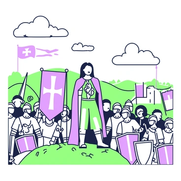 Jeanne d'Arc stands confidently on a small rise, addressing a gathered army. She is dressed in armor with a flowing cape, and her expression is determined and resolute. Around her, soldiers of various backgrounds are attentively listening, some with swords drawn and shields at their sides. Banners flutter in the wind, depicting symbols of their cause. The sky above is filled with clouds, and the atmosphere is charged with energy as the soldiers lean forward, inspired by her words. In the background, a distant landscape features rolling hills and a small village.