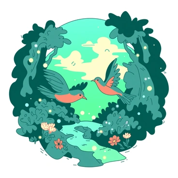 A pair of lovebirds with vibrant feathers is flying gracefully through a magical forest. The lovebirds are colored in a mix of teal and orange, creating a striking contrast against the lush greenery of the forest. Enchanted trees with swirling trunks and glowing leaves surround the lovebirds, while soft, floating orbs of light illuminate the path ahead. Delicate flowers with oversized petals in shades complementary to the birds bloom along the forest floor. The sky above the forest is a gradient of colors, suggesting a dreamy atmosphere as the lovebirds soar through their enchanting surroundings.