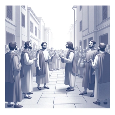 A group of apostles standing on a narrow street, surrounded by a crowd of people showing diverse expressions of curiosity and interest. The apostles are engaged in animated discussions, gesturing with their hands to emphasize their messages. Individuals in the crowd are attentively listening, some leaning in closer to catch every word. The street is filled with various architectural features such as brick buildings, wooden shutters, and cobblestone pavement. The atmosphere is lively, with people dressed in period-appropriate attire, some carrying baskets or small items. The scene captures a moment of community engagement and spirituality in a historical urban setting.