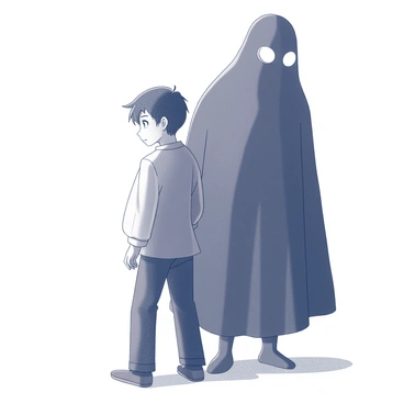 A character stands in a dimly lit environment, appearing tense and apprehensive. The figure is partially obscured, creating a sense of mystery and unease. It looms just behind the character, with indistinct features and a dark silhouette, suggesting an overwhelming presence. The character is turned slightly, glancing over their shoulder, embodying a state of distress. The surrounding environment is sparse, enhancing the feeling of isolation and anxiety.