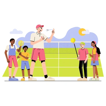 A tennis coach with a bright red cap and a white polo shirt is blowing a whistle while standing on a green tennis court. The coach is surrounded by several young players of diverse backgrounds, wearing colorful tennis outfits and holding rackets. The players are focused and attentive, listening to the coach's instructions. In the background, there is a blue sky with a few fluffy clouds and a net dividing the court. The sun casts shadows on the court, adding depth to the scene.