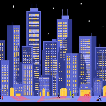 A bustling cityscape at night filled with tall, illuminated skyscrapers. Each building features bright windows glowing in various colors, creating a vibrant atmosphere. The streets below are bustling with small figures of people walking and cars driving, their headlights and taillights casting trails of light. The sky is dark, providing a stark contrast to the colorful lights of the city. Twinkling lights are scattered throughout the scene, giving the impression of a lively urban environment.