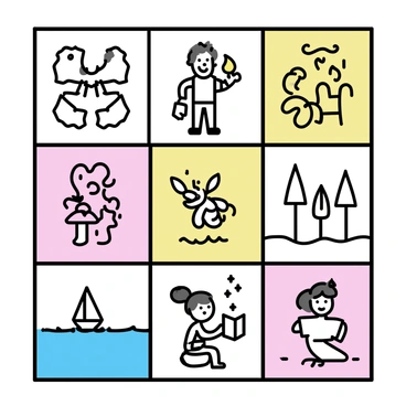 A quilt with a patchwork design, featuring several square patches, each showcasing a different story scene and character. One patch displays a brave knight in shining armor, while another shows a whimsical dragon breathing fire. A third patch illustrates a serene forest with a fairy sitting on a mushroom. Additional patches include a sailing ship on the ocean and a young girl with a magical book. The quilt is bordered with a simple solid color that complements the vibrant designs of the patches.