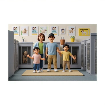 A happy family of four stands inside an animal shelter, smiling broadly. The mother, with long brown hair, wears a light blue sweater and jeans. The father, with short black hair, is dressed in a green t-shirt and khaki pants. Their two children, a boy with a baseball cap and a girl with pigtails, are excitedly looking at a small dog in a nearby kennel. The surroundings include various colorful posters about pet adoption on the walls and several dog kennels with animals peeking out. The family members are all pointing towards the dog, clearly in agreement about adopting it.