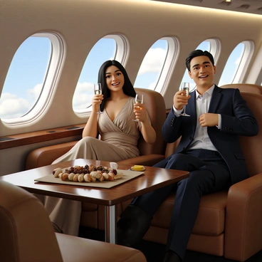 A spacious private jet cabin with plush leather seats and soft ambient lighting. Two elegant travelers, a woman with long flowing hair wearing a chic evening gown and a man in a tailored suit, are seated comfortably. They are both holding flutes of sparkling champagne, with expressions of joy and relaxation. On a polished wooden table, there is a selection of gourmet snacks arranged neatly. Large windows reveal a glimpse of blue skies outside, enhancing the luxurious atmosphere of the cabin.