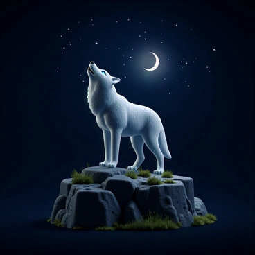 An ethereal wolf howling at a crescent moon on a cliff