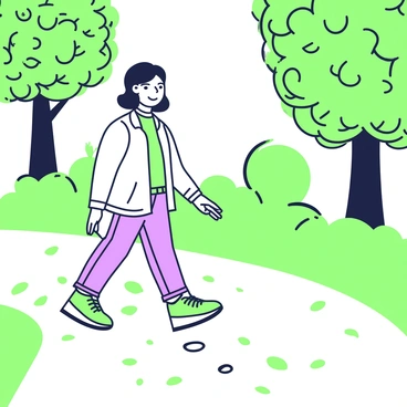 A person is walking on a dirt path, glancing over their shoulder with a concerned expression. They are wearing a light jacket and jeans, and their hair is slightly tousled by the breeze. The ground behind them features a series of mysterious footprints leading away from the path, partially obscured by scattered leaves. The footprints vary in size, suggesting an unknown presence. Surrounding the path are tall trees with dense foliage, adding to the atmosphere of intrigue. The light filtering through the branches casts dappled shadows on the ground, enhancing the sense of mystery.