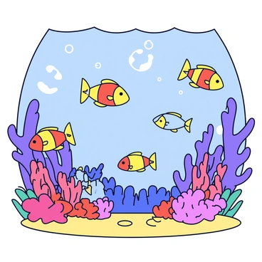 An underwater scene featuring multiple animated fish swimming through vibrant coral reefs. The fish display a variety of colors, including bright oranges, yellows, and blues. The coral reefs are richly detailed, showcasing intricate formations in shades of red, purple, and green. Bubbles rise gently from the fish as they navigate through the lush underwater landscape, creating a lively atmosphere. Sunlight filters down from the surface, casting shimmering patterns on the sandy ocean floor.