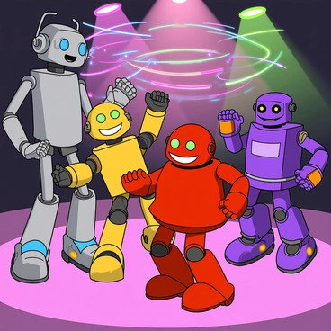 A lively scene featuring a group of four cartoon robots dancing energetically. The first robot is tall and lanky with a shiny silver body and round blue eyes. The second robot is shorter with a boxy shape, painted bright yellow, and has expressive green eyes. The third robot is round and chunky, colored in vibrant red, with mechanical limbs and a cheerful smile. The fourth robot is sleek, with a glossy purple finish and glowing orange accents. They are surrounded by a swirling array of colorful disco lights in shades of pink, green, and blue, illuminating the room. The robots are in various dance poses, showcasing their fun and playful nature as they enjoy the dance party together.