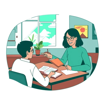 A teal teacher with glasses is sitting across from a white student at a wooden desk in a cozy classroom. The teacher has a warm smile and is holding an orange book open, pointing to a specific passage, while the student is leaning forward with an engaged expression, taking notes in a white notebook. Sunlight is streaming through a window, illuminating colorful educational posters on the walls. A small potted plant sits on the desk between them, adding a touch of nature to the serene environment.