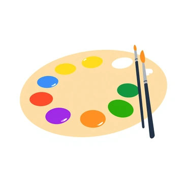 A painter's palette shaped like an oval holds six distinct vibrant paint colors. The colors include a bright red, a sunny yellow, a deep blue, a lively green, a rich purple, and an orange hue. Each color is represented as a thick dollop of paint, glistening slightly as if freshly squeezed. The palette is placed on a light wooden table, with a few paintbrushes lying nearby, ready for use.