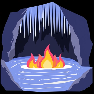 A cave interior featuring a rocky surface with glistening icy stalactites hanging from the ceiling. The stalactites reflect light, creating a shimmering effect. In the center of the cave, there is a vibrant flaming pool, with bright orange and red flames dancing on the surface of the water. The contrasting elements of ice and fire create a striking visual dynamic within the cave environment. The walls of the cave are dark and rugged, enhancing the dramatic scene.