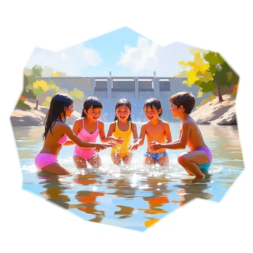A group of children with various skin tones are joyfully splashing in the shallow waters near the edge of a dam. Some children are wearing brightly colored swimsuits while others are in casual summer clothing. They are laughing and smiling as they splash water at each other, creating a fun and lively atmosphere. The backdrop features the dam with its sturdy concrete structure visible in the distance, and a few trees are lining the area, adding greenery to the scene. The sunlight reflects off the water, creating sparkling highlights as the children play.
