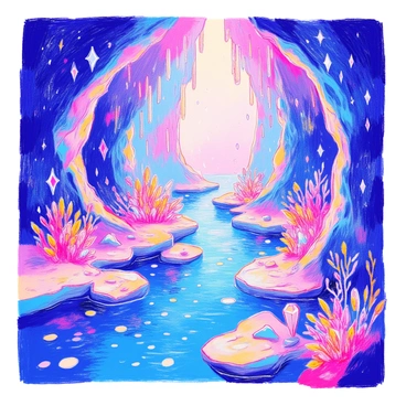 Inside a crystal cave, the walls are adorned with numerous sparkling crystals that reflect light in various directions. The air is cool and slightly humid, creating a mystical atmosphere. An underground river flows gently through the cave, its clear water glistening as it moves over smooth stones. The riverbank is lined with small, luminous plants that emit a soft glow. Above, stalactites hang from the ceiling, adding to the enchanting environment.