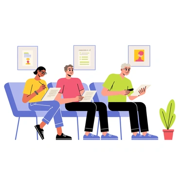 A clinic waiting room with several patients seated on light blue chairs. Each patient is intently focused on completing health questionnaires on clipboards. One patient, a middle-aged woman with glasses, is writing with a black pen. Another patient, a young man wearing a red shirt, looks thoughtfully at his questionnaire. A third patient, an elderly man with gray hair, is reading his form carefully. The walls of the waiting room are adorned with colorful health posters, and a small potted plant is placed on a side table nearby.