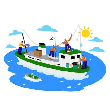 A large ship designed for ocean cleanup is floating on the blue water. The ship has a bright white hull with green accents and is equipped with various nets and devices for collecting waste. Several workers in colorful safety vests are actively collecting plastic waste from the water. They are using long poles with nets to scoop up floating debris, while a few others are sorting the collected waste into large containers on the deck. The sun is shining brightly overhead, creating a lively atmosphere. In the background, small waves are lapping against the sides of the ship.
