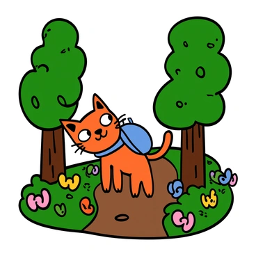 A cartoon cat with big eyes and orange fur is hiking through a vibrant forest. The cat is wearing a tiny blue backpack strapped to its back, with its ears perked up in excitement. Around the cat, tall trees with lush green leaves tower over the path. Colorful flowers are blooming along the sides of the trail, and sunlight filters through the branches, creating dappled patterns on the ground. The cat is looking around curiously, with a happy expression on its face.