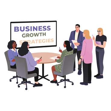 A digital flat illustration depicting a group of five professionals gathered around a conference table. There is a large screen at the front of the room displaying the words "Business Growth Strategies" in bold letters. The first individual on the left is a woman with medium skin and curly black hair, wearing a blue blouse and glasses. Next to her is a man with light skin and short brown hair, dressed in a white shirt and navy blazer. The third person is a woman with dark skin and long straight hair, wearing a green dress with white polka dots. The fourth individual is a man with medium skin and shaved hair, dressed in a black t-shirt and gray cardigan. Finally, on the right, stands another woman with light skin and shoulder-length blonde hair, wearing a pink top. They are all engaged in discussion, with some holding pens and notepads, while one person points towards the screen.