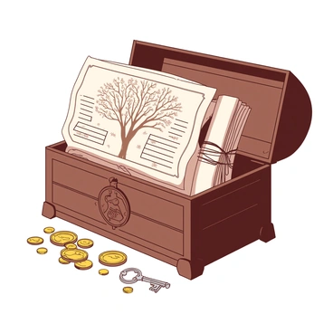 A brown wooden treasure chest is open, revealing a collection of rolled-up documents tied with string. The documents are meticulously arranged, showcasing detailed family trees and historical records. Around the treasure chest, there are gold coins scattered, glimmering in the light. A small silver key rests on the edge of the chest, hinting at its importance in securing the family's legacy. The chest itself has intricate carvings on the lid, depicting symbols of heritage and lineage.