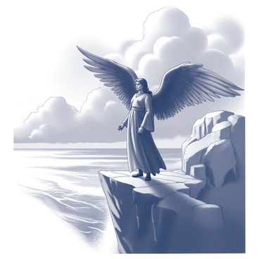 A dark angel with black wings standing solemnly on a cliff