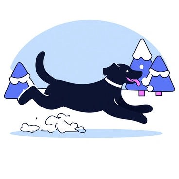A black Labrador retriever running joyfully through a snow-covered landscape. The dog's shiny black fur glistens against the white snow as it bounds forward with its tongue out and tail wagging. In the background, there are snow-dusted trees and a bright blue sky. The snow around the dog is fluffy and untouched, with a few paw prints trailing behind.