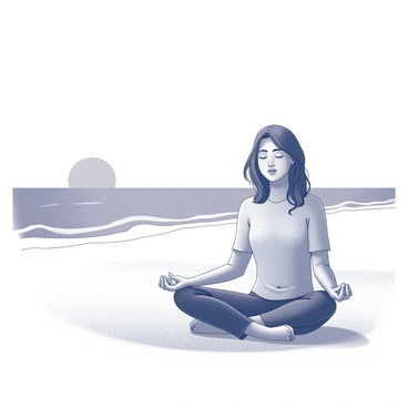 A person sitting cross-legged on the sand, engaged in meditation. The figure has their eyes closed, with a calm expression on their face. The beach stretches out beside them, with gentle waves lapping at the shore. In the background, the sun is low on the horizon, creating a large circular silhouette against the sky. The scene captures the tranquility of the moment, emphasizing the peaceful atmosphere of the setting.