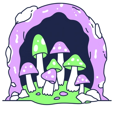 A variety of mushrooms are growing on the damp ground inside a cave. The mushrooms have unique shapes and sizes, with some tall and slender while others are short and wide. They emit a soft, ethereal glow, illuminating their immediate surroundings. The cave walls are rough and jagged, with patches of moisture reflecting the light from the mushrooms. In the background, the darkness of the cave extends further, creating a sense of depth and mystery. Small rocks and pebbles are scattered around the base of the mushrooms, adding to the natural setting.