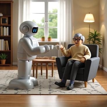 A humanoid robot with a sleek silver exterior and friendly blue eyes is assisting an elderly person in a cozy home environment. The elderly person has gray hair and is seated in a comfortable armchair, wearing reading glasses and a warm sweater. The robot is holding a cup of tea, extending it towards the elderly person with a gentle smile. In the background, there is a bookshelf filled with books, a patterned rug on the wooden floor, and soft lighting from a lamp, creating a warm atmosphere. A window shows a glimpse of greenery outside, adding to the homely feel.