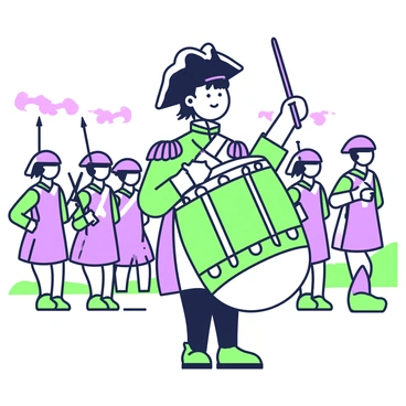 A French army drummer boy is positioned at the forefront of a line of soldiers. He has tousled hair peeking out from beneath a tricorn hat. The drummer boy is wearing a colorful uniform adorned with intricate details, including buttons and epaulettes. He holds a large drum in front of him, with sticks raised, ready to strike. His expression is one of determination and courage. The soldiers behind him are neatly arranged, holding rifles with bayonets fixed, all focused on the horizon as they advance. The background features a blurred view of a battlefield, with flags waving and smoke rising in the distance.