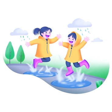 Two children wearing matching yellow raincoats are joyfully jumping in large puddles. The scene captures the splashes of water flying around their feet as they leap. The children have bright red rubber boots that stand out against the gray pavement. Their hair is slightly wet, and they are both smiling widely. In the background, there are green trees and a light drizzle falling from the cloudy sky.