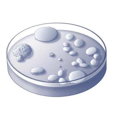 A Petri dish sitting on a flat surface. The dish contains various colonies of bacteria that have formed distinct patterns. Some colonies are densely clustered while others are spread out, creating a contrast in texture and shape. The patterns exhibit different forms, such as circular formations and irregular shapes. There are colonies that appear larger and more developed next to smaller, less mature ones. The surface of the dish is clear, allowing for an unobstructed view of the bacteria growth within.