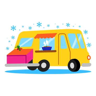 A vibrant food truck with bright colors, adorned with numerous "snowflake decorations" that catch the eye. The truck features large windows where customers can see inside. Inside, steaming bowls of "holiday soup" are being served, showcasing colorful ingredients like carrots, peas, and herbs. The soup is placed on a wooden counter with a festive tablecloth, adding to the holiday spirit. Snowflakes are lightly falling around the scene, creating a cheerful winter atmosphere.
