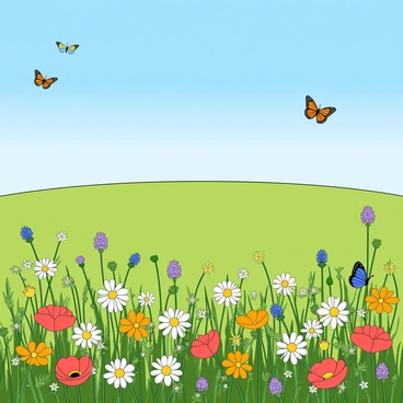 A bright, sunny field stretching wide under a clear blue sky. The field is filled with a variety of colorful wildflowers, including daisies, poppies, and lavender, creating a vibrant patchwork of colors. Numerous butterflies of different sizes and patterns are fluttering gracefully among the flowers, their wings displaying shades of orange, yellow, and blue. A gentle breeze is causing the flowers to sway softly, adding a sense of movement to the scene.