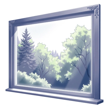 A large window is positioned centrally in the image, showcasing a sweeping view of a dense forest. The window frame is made of wood, featuring intricate carvings on its edges. Through the window, a rich tapestry of trees fills the scene, with various shades of green leaves creating a textured canopy. Sunlight filters through the foliage, casting gentle shadows on the forest floor, which is partially visible in the foreground. The overall composition emphasizes the connection between the interior space and the vibrant natural landscape outside.