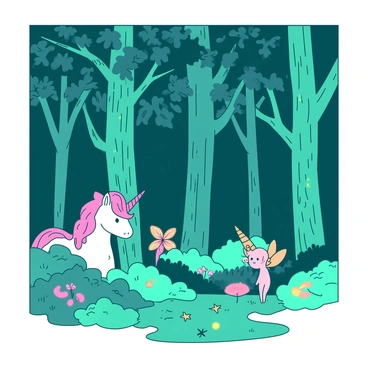 A mystical forest filled with tall trees and dense foliage. The trees have bark in a shade of teal, and their leaves are vibrant and lush. Glowing plants dot the forest floor, emitting a soft, warm light, creating a magical atmosphere. Among the trees, mythical creatures such as a small pink unicorn and a delicate orange fairy are peeking out from behind the foliage, their features softly illuminated by the glow of the surrounding plants. The air is filled with a sense of wonder as the creatures observe their enchanted surroundings.