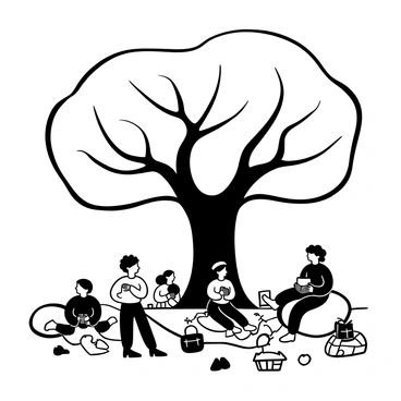 A large, sprawling tree with a thick trunk and an extensive canopy stretches its branches wide, providing ample shade. Beneath the tree, a diverse group of people of various ages and backgrounds are sitting on picnic blankets. Some individuals are engaged in conversation, while others are enjoying food from baskets. A couple of children are playing nearby, running and laughing. Scattered around are a few colorful cushions positioned on the ground. The atmosphere is lively with the presence of books and refreshments placed on the blankets.