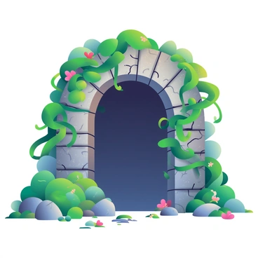 An ancient stone dungeon entrance is partially concealed by thick, green vines and vibrant moss. The archway of the entrance is weathered, with cracks and markings that suggest centuries of wear. The stones are a mix of grays and browns, creating a rustic texture. Surrounding the entrance, various shades of green from the moss and vines create a lush, overgrown appearance. A few small wildflowers peek through the foliage, adding a touch of color. The ground is uneven and covered with fallen leaves and twigs, illustrating the passage of time.