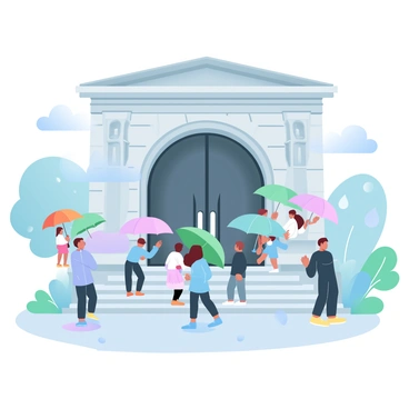 A grand museum entrance with large, ornate doors is surrounded by a stone façade. Visitors are gathering underneath colorful umbrellas as they approach the entrance, creating a vibrant display against the gray sky. The ground is wet from the rain, reflecting the umbrellas and the museum's architectural details. Water droplets are visible on the umbrellas and the stone steps, adding to the atmosphere of a rainy day. Some visitors are wearing raincoats and boots while others are huddled together under their umbrellas. A hint of greenery from nearby trees adds a touch of color to the scene.