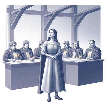 A young woman, "Jeanne d'Arc," is standing confidently in a courtroom. She is dressed in a simple but dignified outfit that suggests her humble origins. Around her, a group of stern judges is seated at a long wooden table, each wearing traditional robes and showing expressions of seriousness and authority. The courtroom is filled with high stone walls, large wooden beams overhead, and a few faintly glowing torches providing illumination. The atmosphere is tense, as all eyes are focused on Jeanne, who stands tall and resolute, embodying both determination and conviction in the face of judgment.