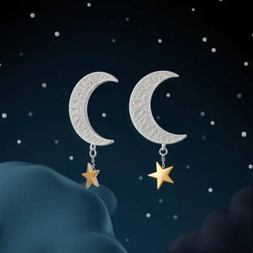 A pair of earrings, designed with "crescent moons" made of silver, elegantly arching with intricate details. Dangling from the moons are "small stars" that shimmer with a golden hue, each attached by a delicate chain. The background is a "night sky" filled with deep blue and black tones, sprinkled with tiny white dots representing distant stars. The earrings are showcased against this backdrop, enhancing their celestial theme.