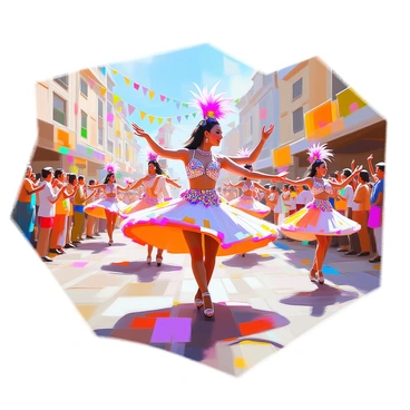 A vibrant street scene featuring dancers in elaborate costumes parading during a carnival. The dancers are wearing intricate outfits adorned with bright feathers, sequins, and beads, reflecting colorful patterns. Their expressions are joyful as they move in coordinated choreography. The background includes a lively crowd of onlookers, some waving and cheering. Decorative floats and banners can be seen lining the street, contributing to the festive atmosphere. The sun shines brightly, highlighting the vivid colors of the costumes and the excitement of the celebration.