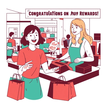 A customer with short brown hair is standing at a store counter, smiling widely as they hold a colorful rewards points card in their hand. The counter is cluttered with various shopping bags in shades of red and teal. Behind the counter, a cheerful cashier with long blonde hair is ringing up items on a register, displaying a welcoming expression. A banner in the background reads "Congratulations on your rewards!" in bold lettering. The atmosphere is lively with other shoppers in the store browsing items.