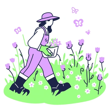 A gardener is walking through a meadow, surrounded by an abundance of wildflowers. The gardener is wearing a wide-brimmed hat, gloves, and sturdy boots while holding a small basket filled with freshly picked flowers. The meadow is vibrant with various wildflowers bending gently in a soft breeze. In the background, a few butterflies can be seen fluttering among the flowers, adding a lively element to the scene. The sky above is clear, allowing bright sunlight to illuminate the colors of the blossoms and the greenery of the meadow.