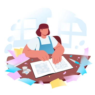 An artist is sitting at a wooden table, focused on creating a handmade greeting card. The artist has short hair and is wearing a simple apron. Various tools are spread across the table, including scissors, a craft knife, and colorful sheets of paper. The greeting card is open, displaying intricate paper cutouts in the shape of flowers and geometric patterns. Piles of vibrant paper in shades of blue, pink, and yellow are scattered around, and there are small bits of paper shavings on the surface. Behind the artist, a window lets in soft light that highlights the delicate details of the cutouts.