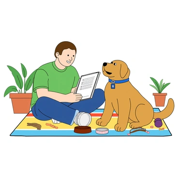 A person with light skin and short brown hair, wearing a green t-shirt and blue jeans, is sitting on a cozy, colorful rug. They have a cheerful expression on their face as they fill out a pet care questionnaire on a clipboard. Next to them sits a playful golden retriever with a wagging tail, looking up with bright, expressive eyes. The dog has a blue collar with a tag that glimmers in the light. Various pet supplies, such as a bowl and a toy, are scattered around, creating a lively atmosphere. A few potted plants can be seen in the background, adding a touch of nature to the scene.